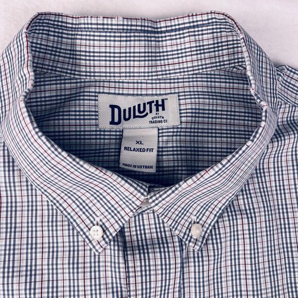 Duluth Trading Co Button Down Shirt Relaxed Mens XL Blue White Red Plaid Cotton - Picture 5 of 14